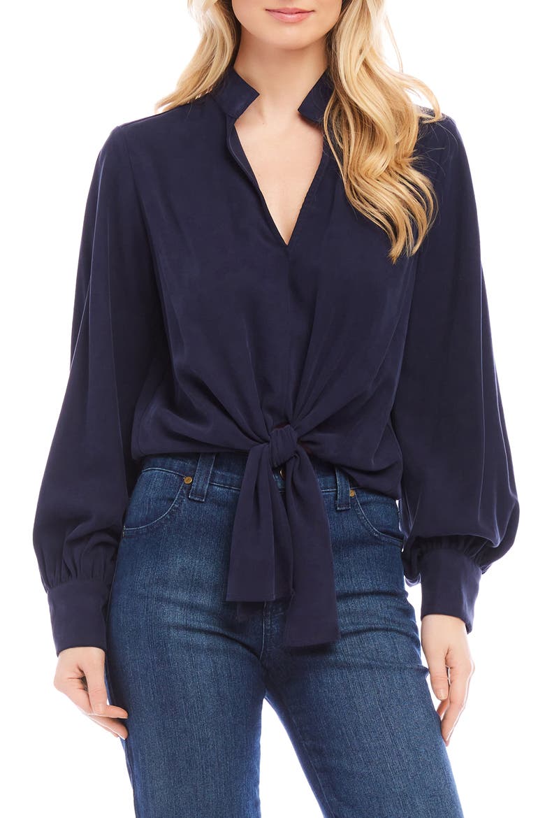 Tie Front Twill Top, Main, color, NAVY