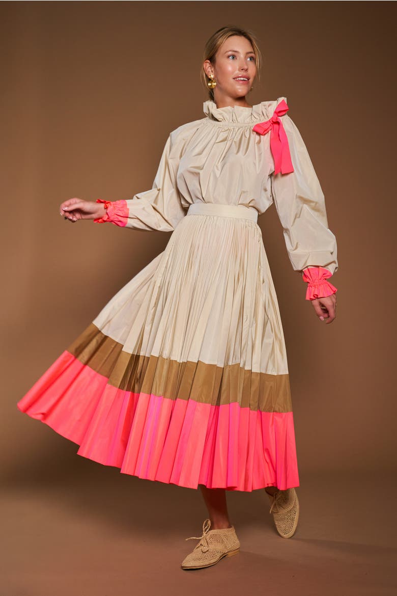 Taffeta Plissee Skirt, Alternate, color, Sand / Tobacco / Pink