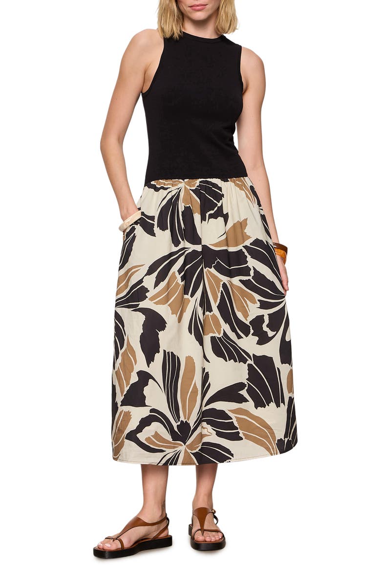 Sandbar Mixed Media Floral Print Midi Dress, Main, color, LOTUS BLACK