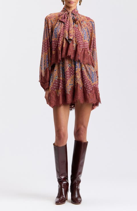 Long Sleeve Scarf Print Georgette Minidress