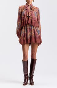Avec Les Filles Long Sleeve Scarf Print Georgette Minidress