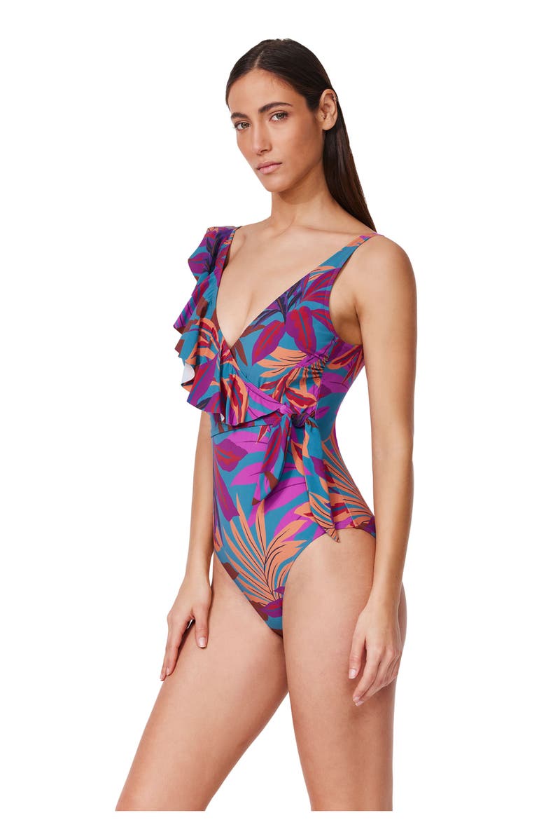 Plantopia V-Neck Surplice Ruffle One Piece, Alternate, color, Multi-Teal