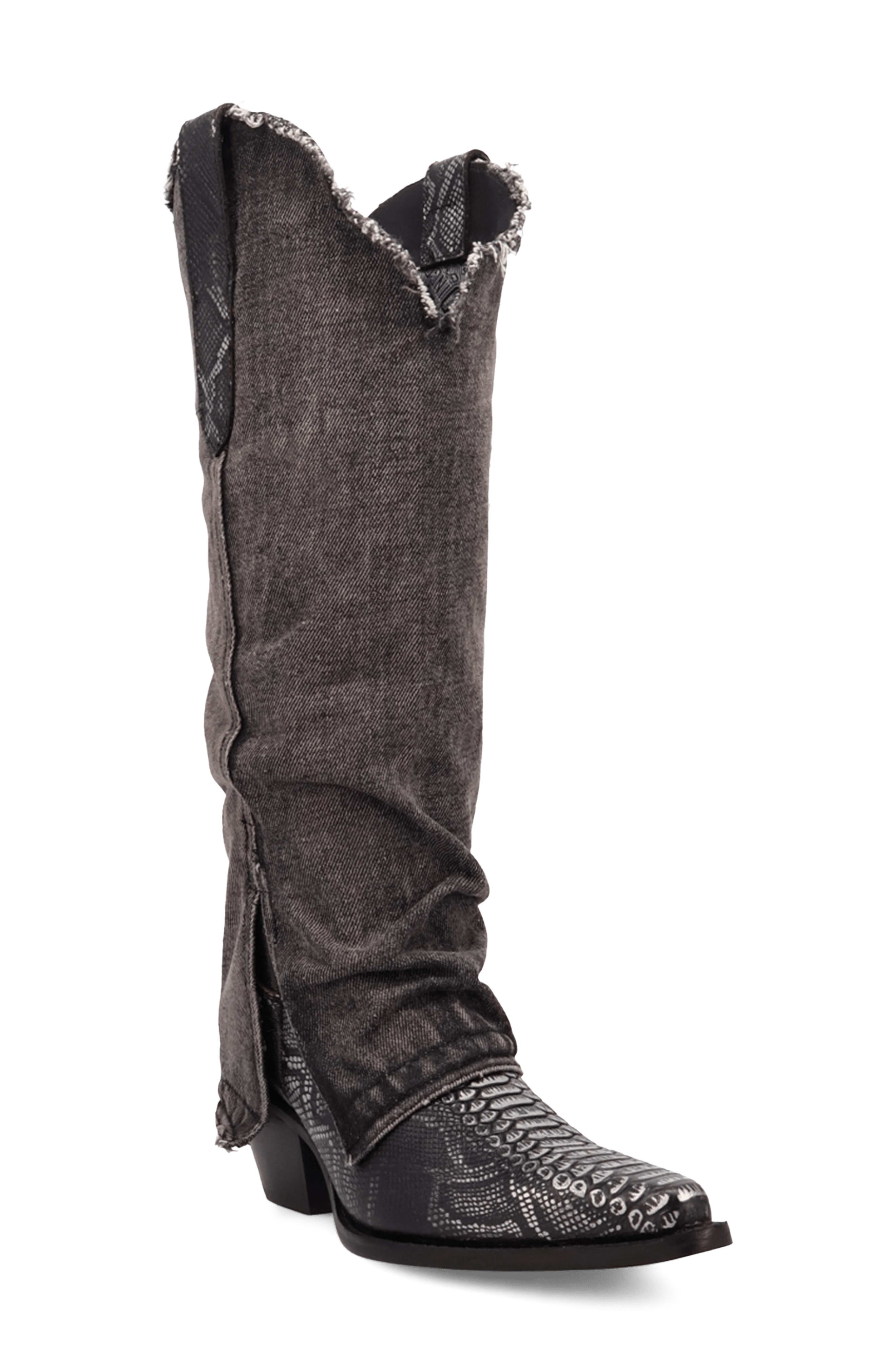 Dingo Knee High Denim & Snakeskin Embossed Western Boot, Main, color, Black