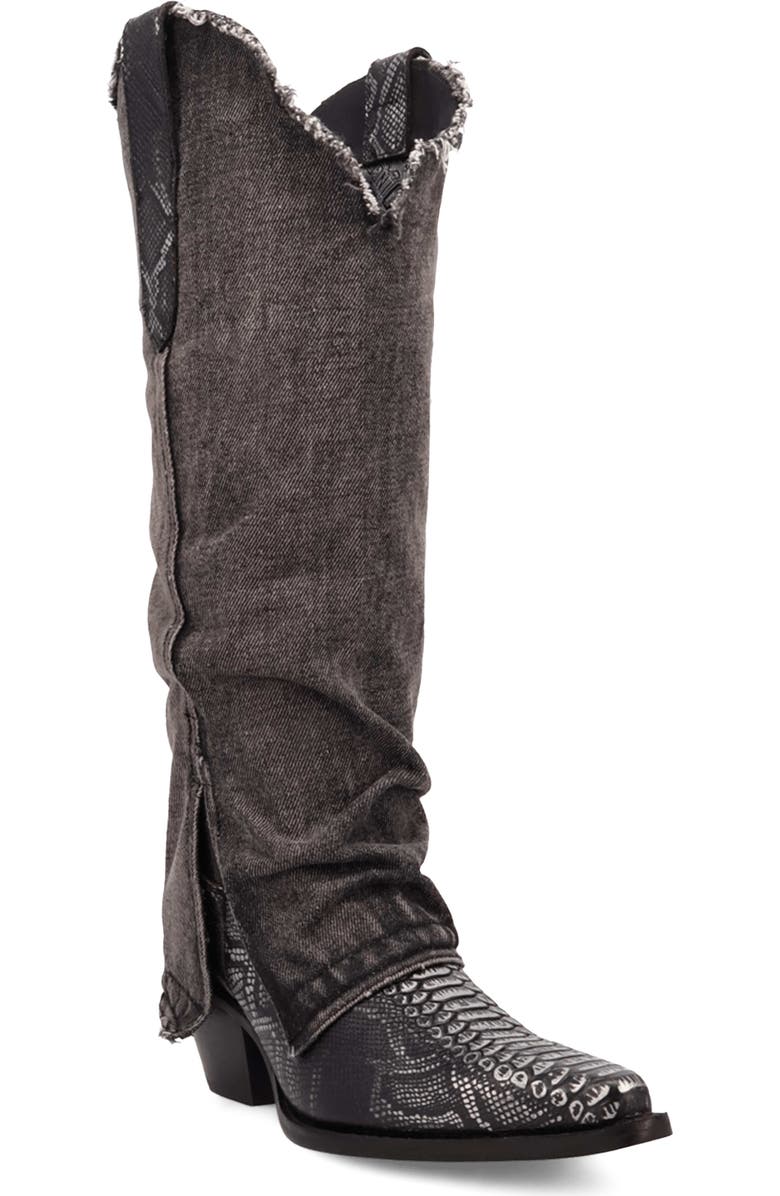 Dingo Knee High Denim & Snakeskin Embossed Western Boot, Main, color, Black