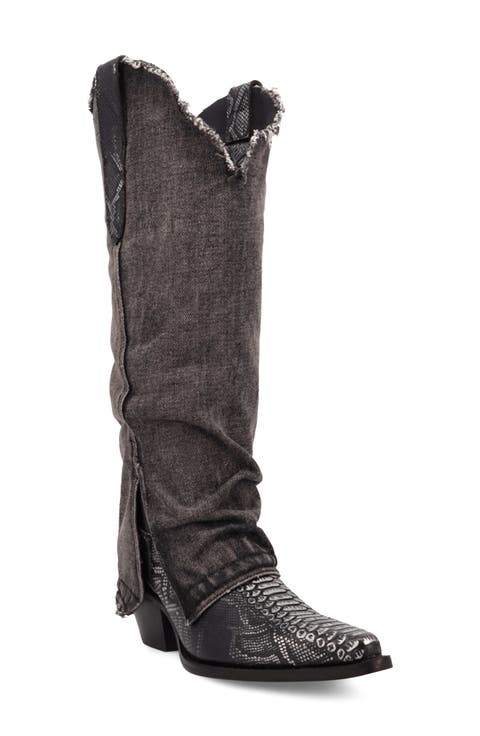 Knee High Denim & Snakeskin Embossed Western Boot (Women)