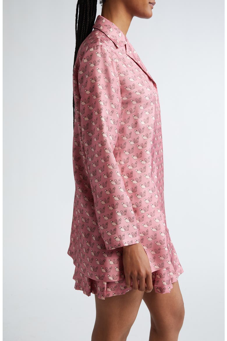 Alpe Kitty Print Silk Twill Button-Up Shirt, Alternate, color, PEONY