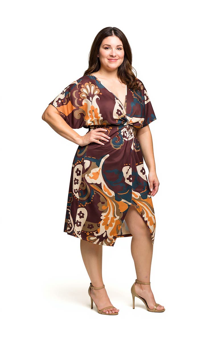 24seven Comfort Apparel Short Sleeve Knot Front Midi Dress in Multi Paisley Print, Main, color, Brown Multi