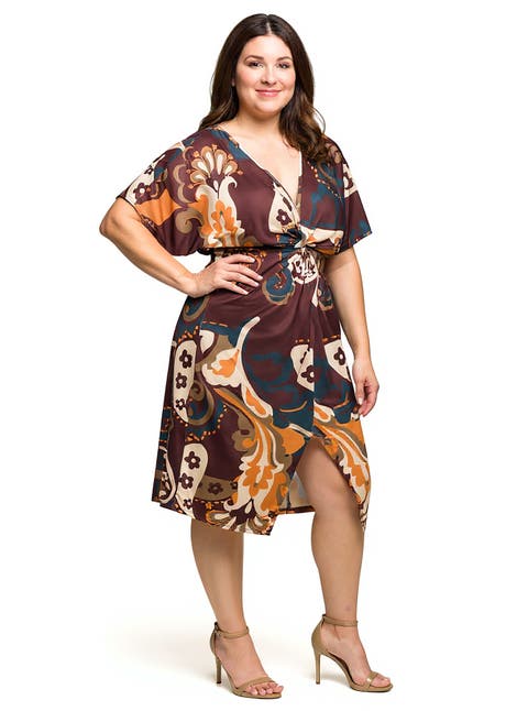 Short Sleeve Knot Front Midi Dress in Multi Paisley Print