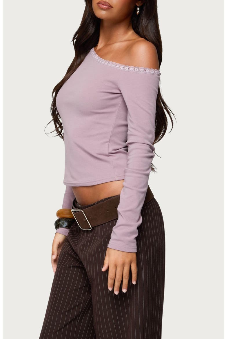 Emmiline Lace Off the Shoulder Crop Top, Alternate, color, PURPLE
