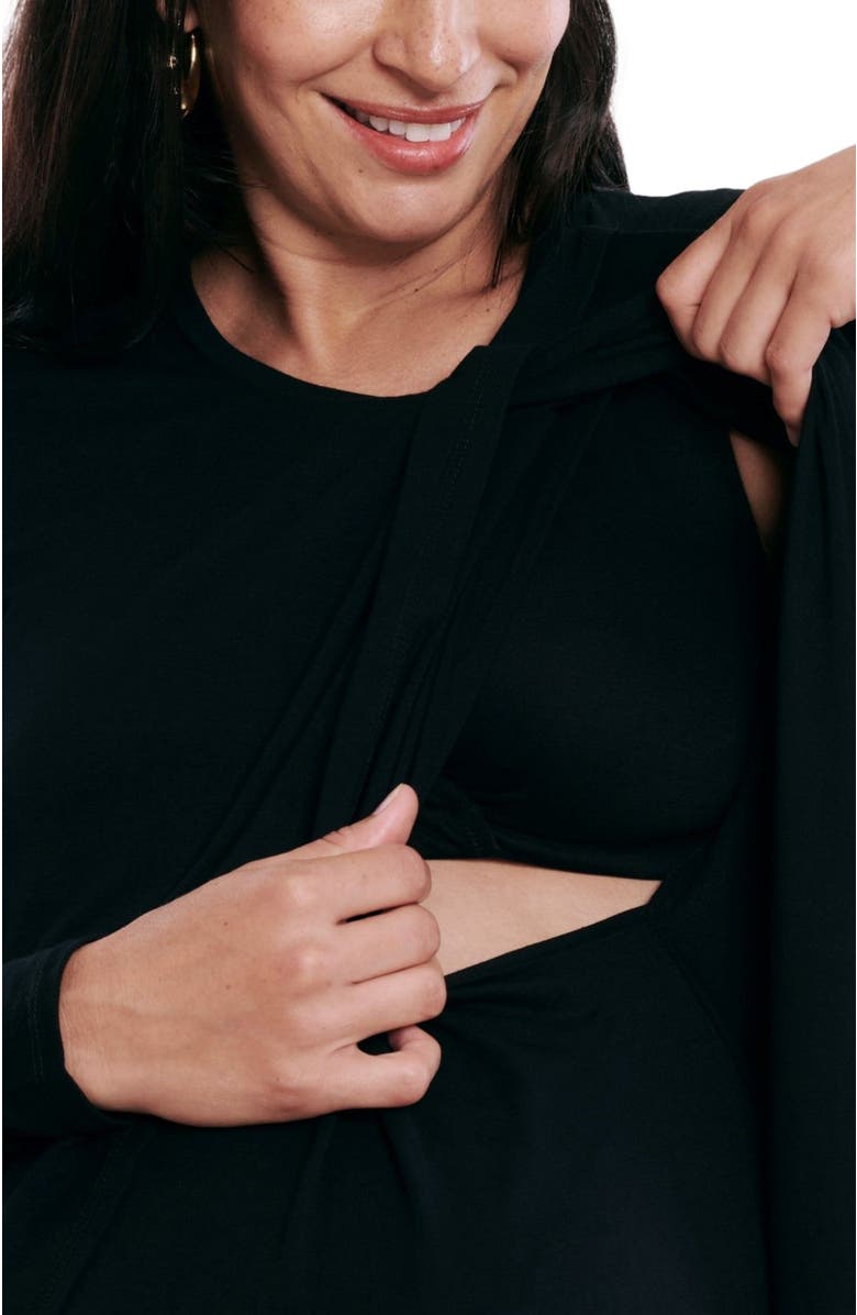 MOTHERHOOD MATERNITY Crewneck Long Sleeve Draped Nursing Tee, Alternate, color, Black