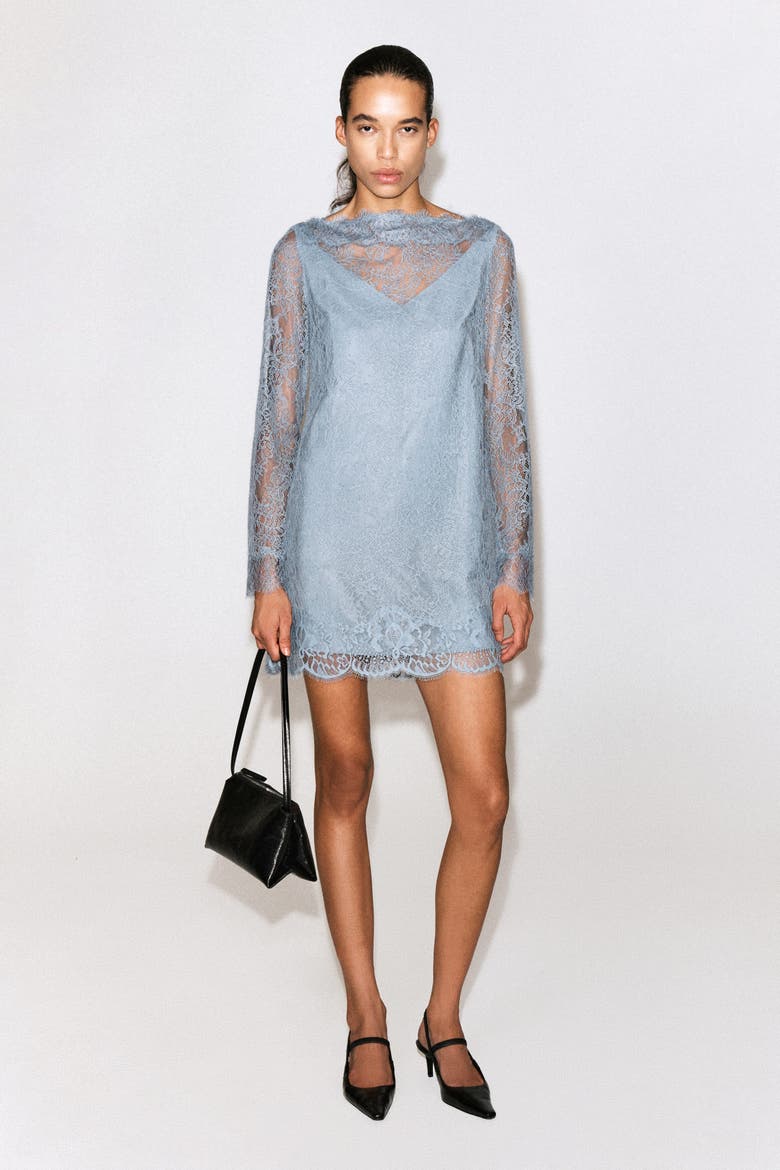 Boat-Neck Lace Mini Dress, Alternate, color, LIGHT BLUE