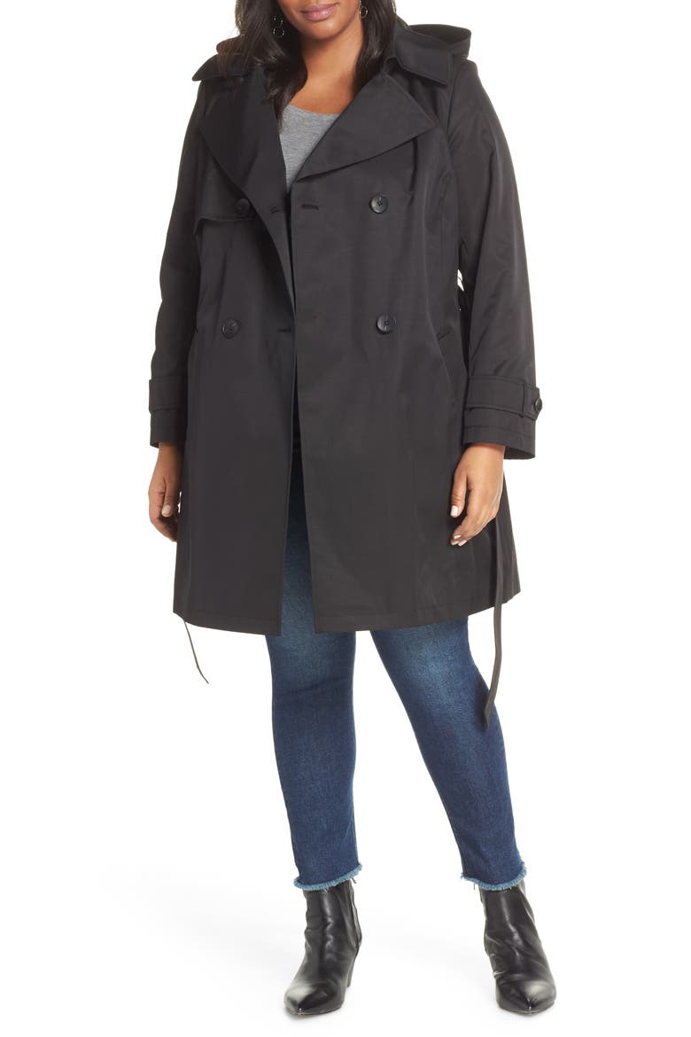 Double Breasted Hooded Trench Coat, Main, color, BLACK