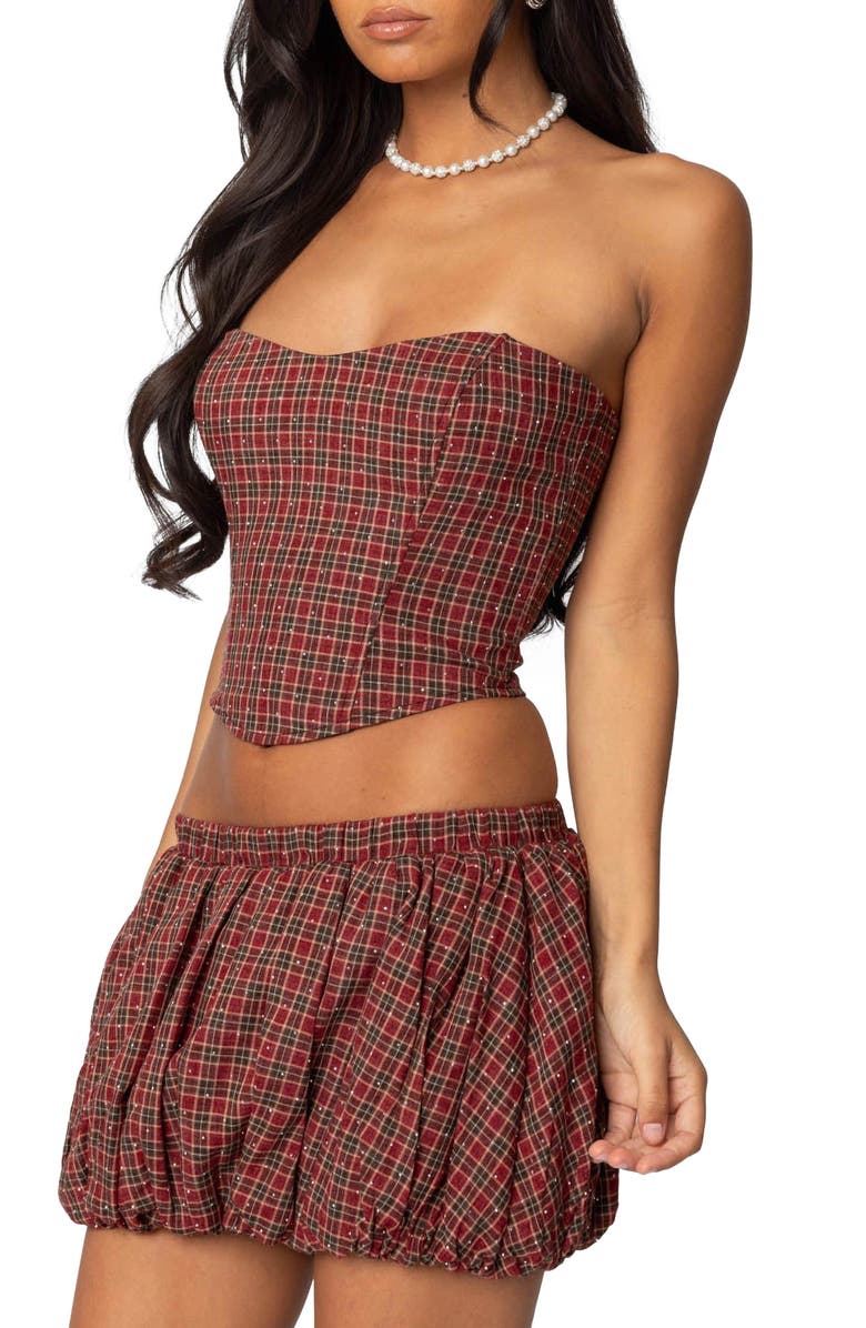 EDIKTED Marlene Plaid Strapless Corset Top, Alternate, color, Red