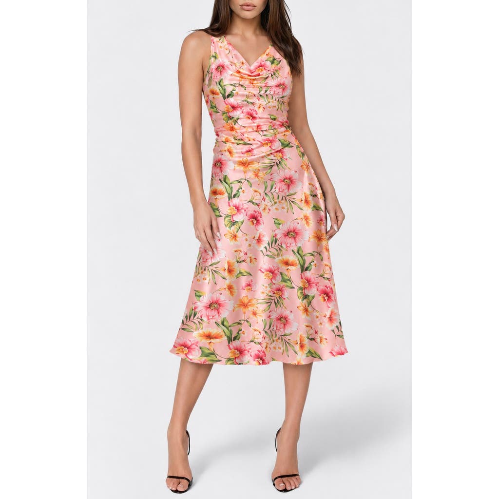 bebe Floral Cowl Neck Sleeveless Satin Midi Dress in Pink Multi at Nordstrom Rack, Size Medium