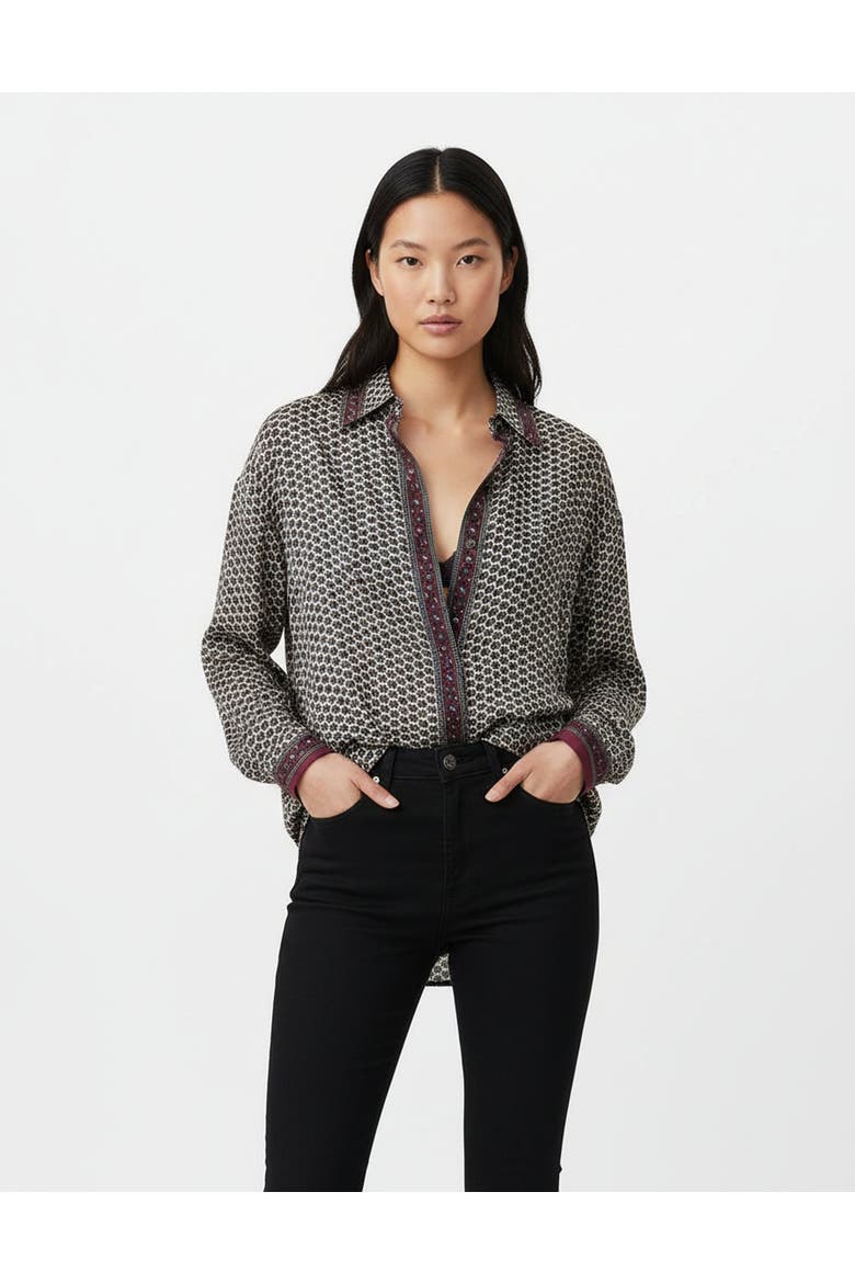 Embossed Botanical Long Sleeve Crepe Shirt, Alternate, color, Forest plum