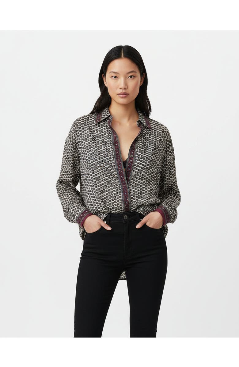 Monzlapur Embossed Botanical Long Sleeve Crepe Shirt, Alternate, color, Forest Plum
