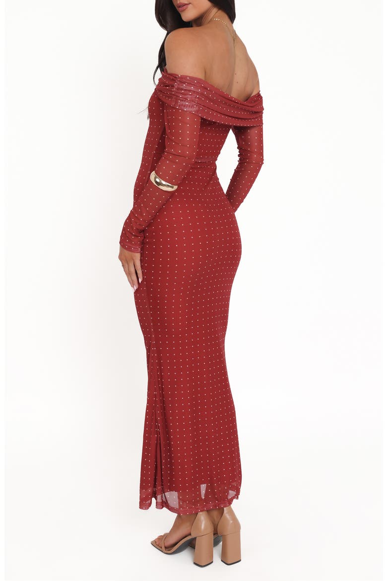 Zeva Off the Shoulder Long Sleeve Mesh Maxi Dress, Alternate, color, BURGUNDY SPOT
