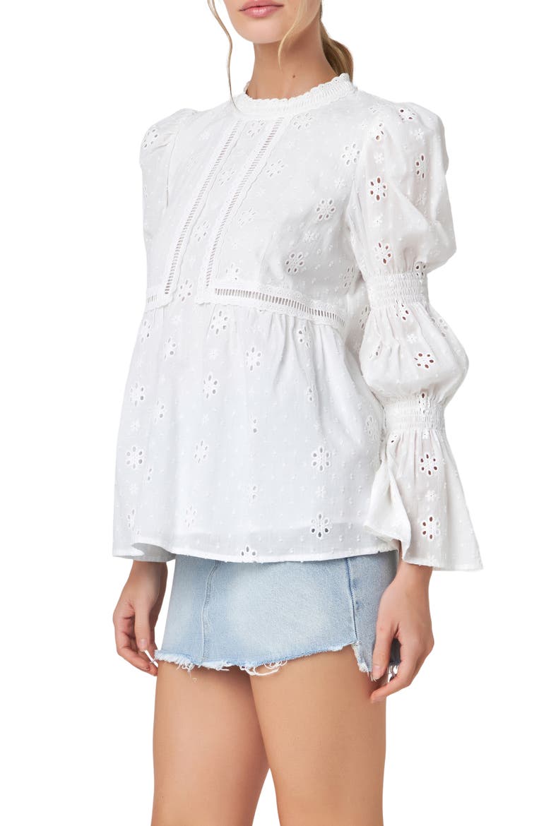 Eyelet Long Sleeve Cotton Top, Alternate, color, WHITE