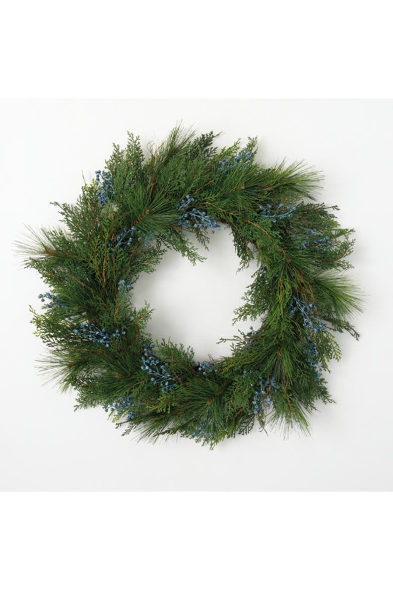 Sullivan's Christmas Juniper Wreath, Green and Blue Faux Floral Decor for Crafting, Weddings, Home and Holiday Decoration, 5 Inch, Main, color, Green