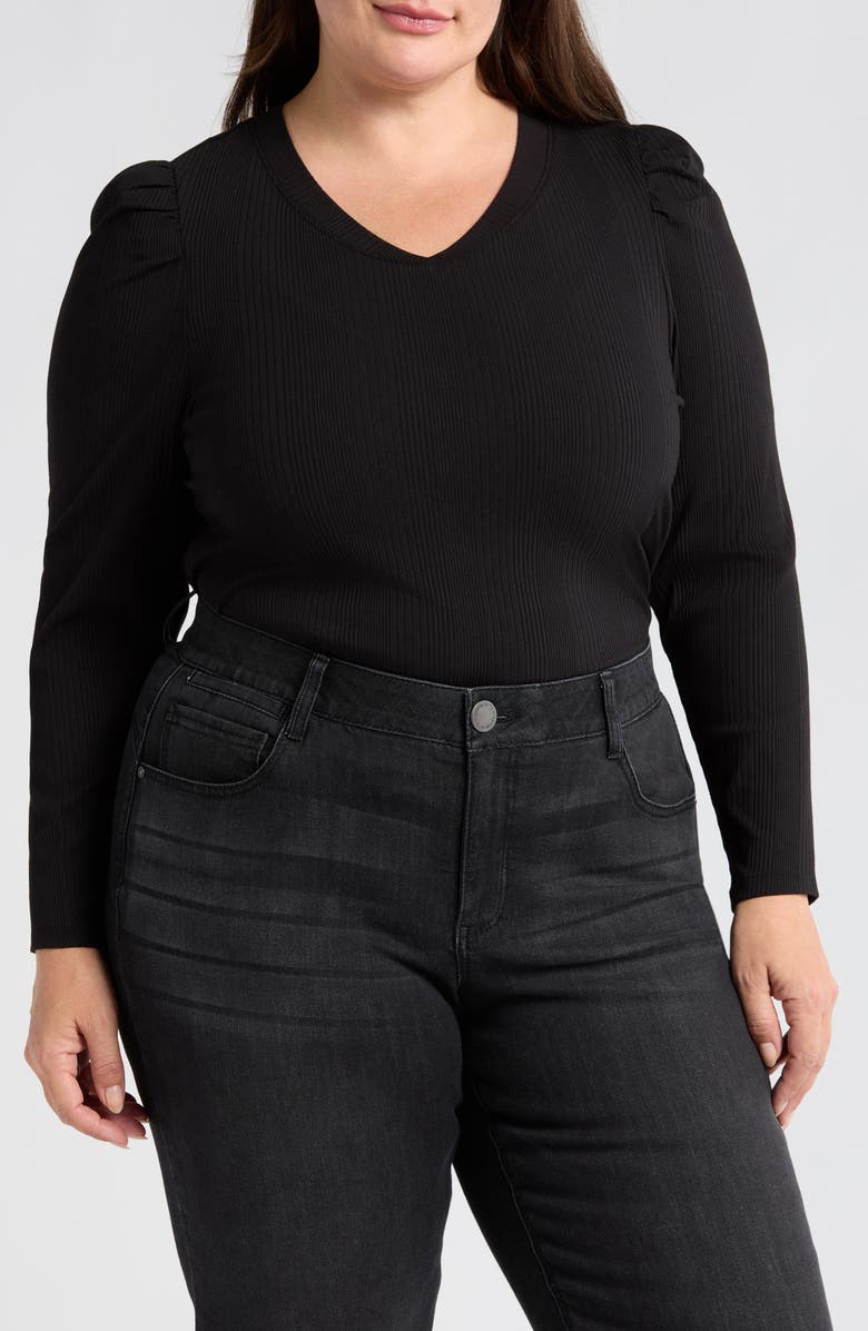 Wit & Wisdom Puff Shoulder Rib Top, Main, color, Black