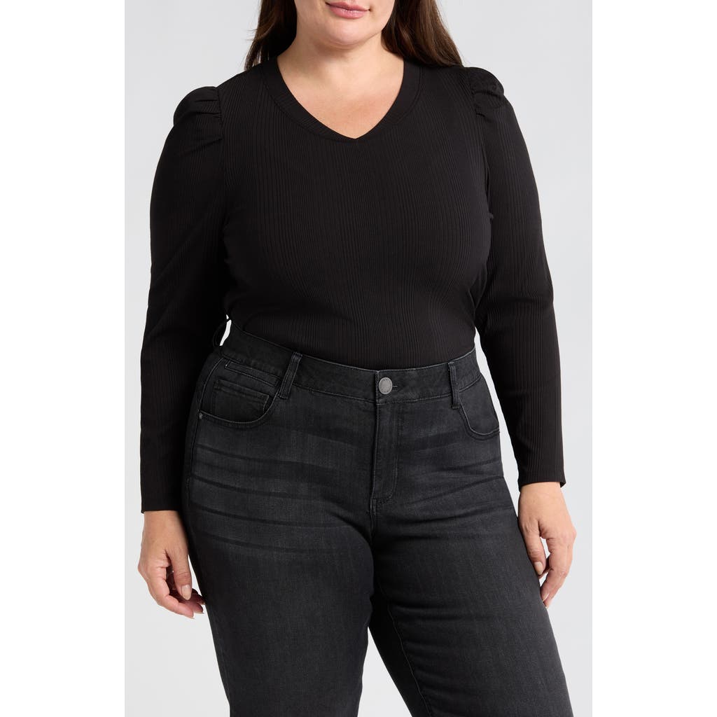Wit & Wisdom Puff Shoulder Rib Top In Black