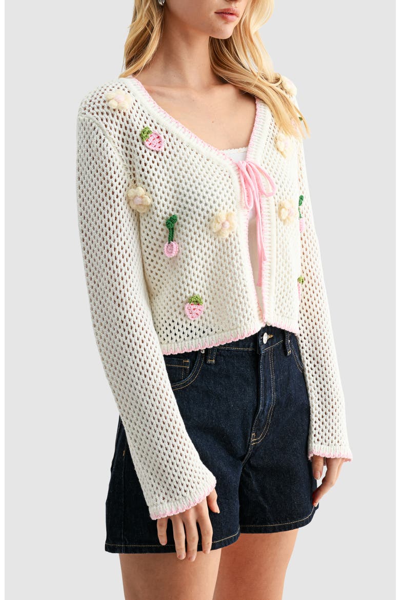 Crochet Appliqué Tie Front Open Stitch Cardigan, Alternate, color, CREAM PINK