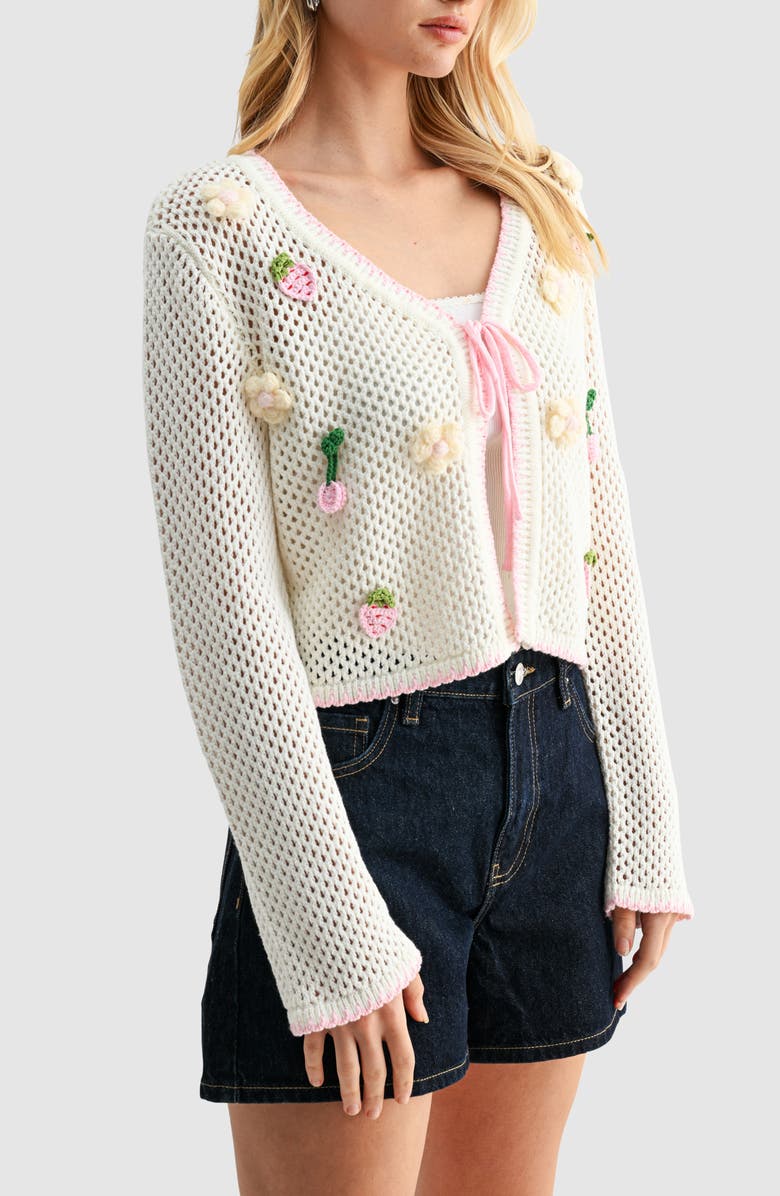 All in Favor Crochet Appliqué Tie Front Open Stitch Cardigan, Alternate, color, Cream Pink