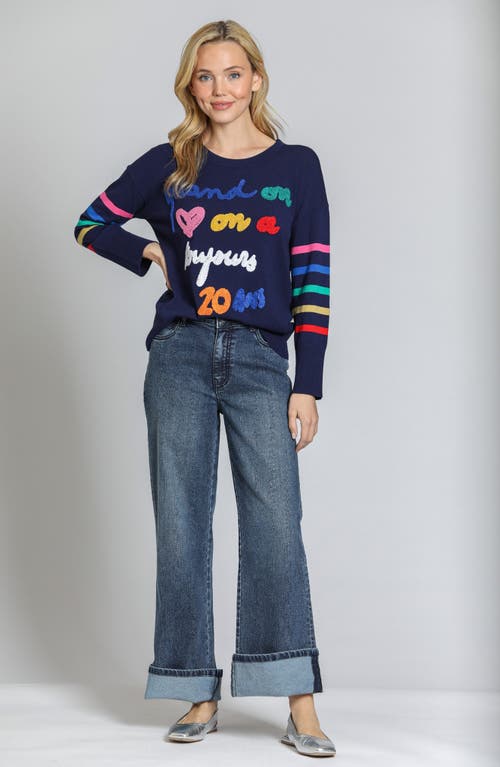 Apny Bouclé Accent Graphic Crewneck Sweater In Navy Multi