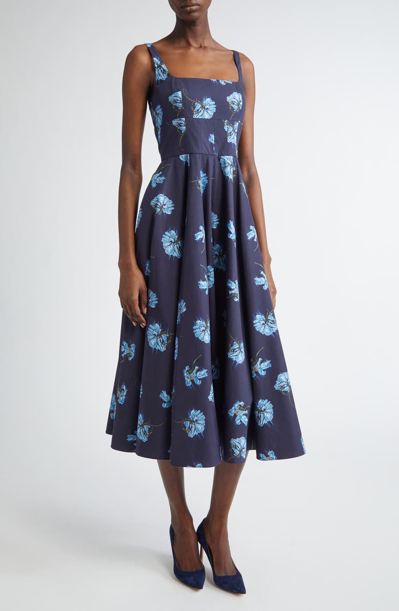 Emilia Wickstead Mona Floral Cotton Poplin Midi Sundress, Main, color, Blue Flowers On Navy