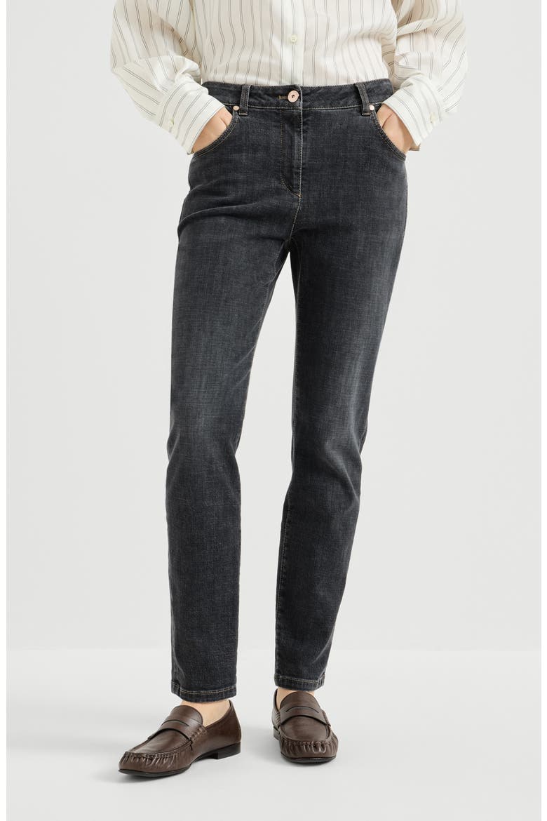 Stretch denim slim five-pocket trousers with shiny leather tab, Main, color, Dark Grey