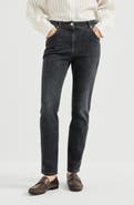 Brunello Cucinelli Stretch denim slim five-pocket trousers with shiny leather tab