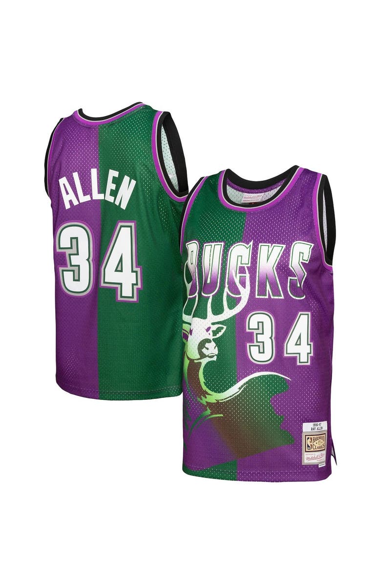 Mitchell & Ness Men's Mitchell & Ness Ray Allen Green/Purple Milwaukee Bucks Hardwood Classics 1996/97 Split Swingman Jersey, Main, color, 