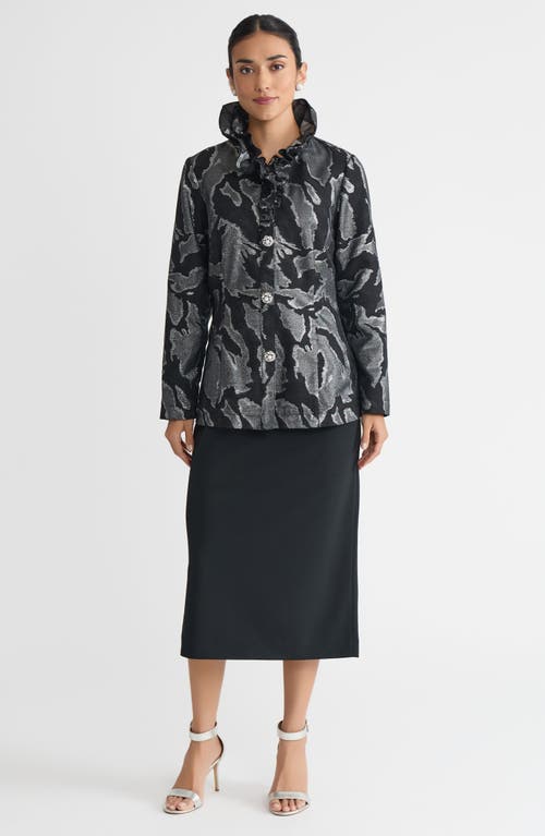 Ming Wang Tailored Shimmer Ruffle Neck Woven Jacquard Jacket In Multi