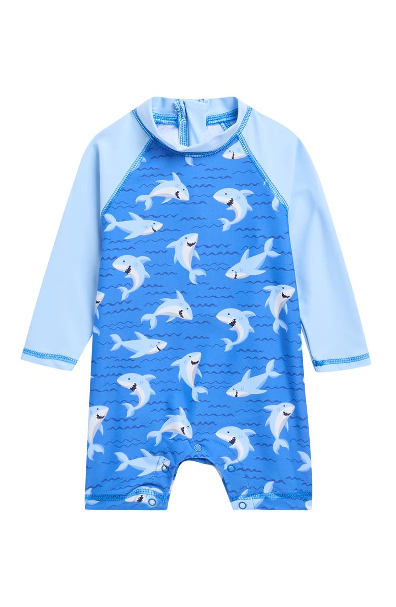 Little Me Long Sleeve UPF 50+ One-Piece Rashguard Swimsuit, Main, color, Blue