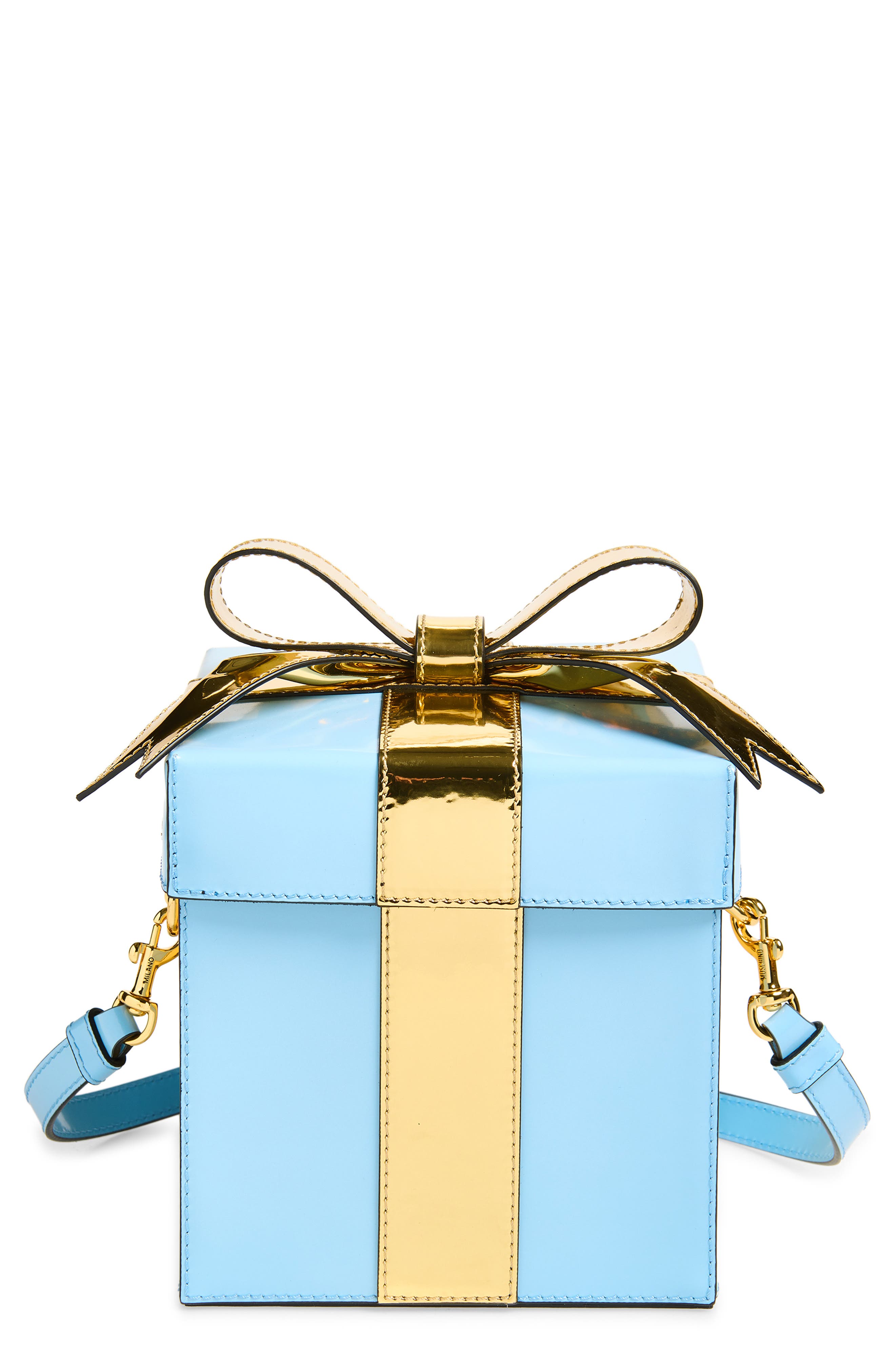 Moschino Gift Box Bag Leather Clutch, Main, color, Blue