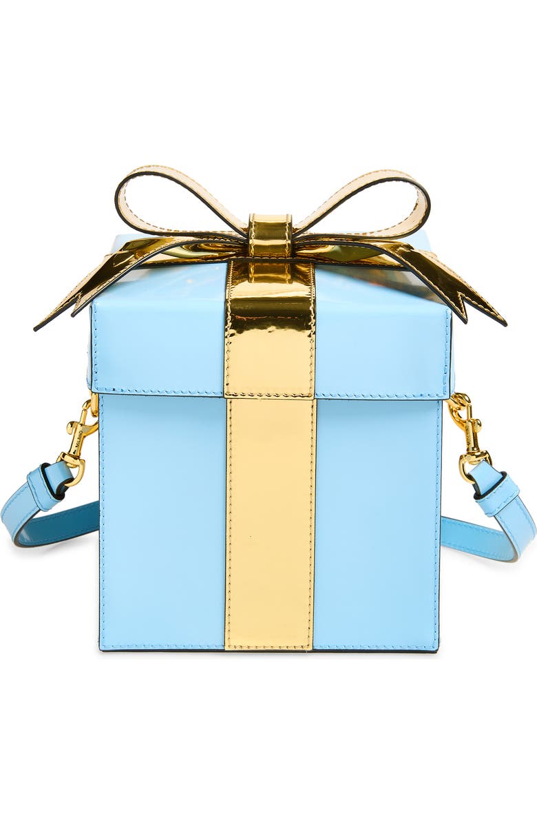 Moschino Gift Box Bag Leather Clutch, Main, color, Blue