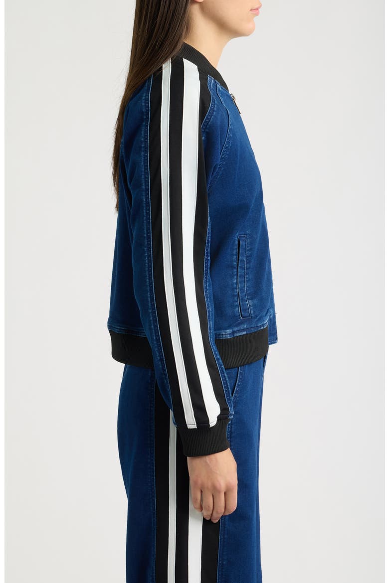 Athletic Stripe Denim Bomber Jacket, Alternate, color, INDIGO