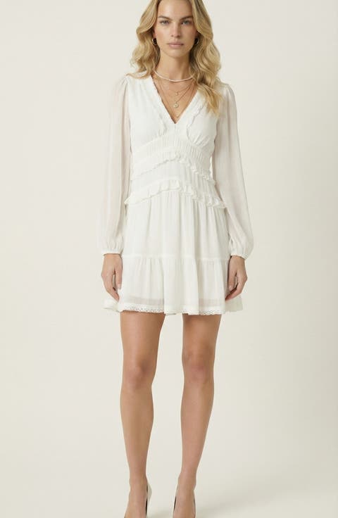 Long Sleeve V-Neck Ruffle Tiered Mini Dress with Sheer Chiffon Overlay