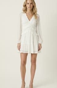 Modenaire Long Sleeve V-Neck Ruffle Tiered Mini Dress with Sheer Chiffon Overlay