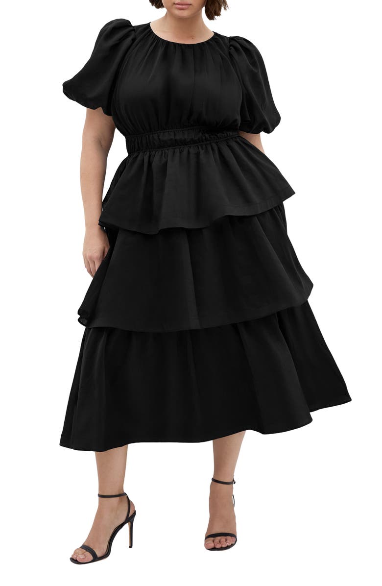 City Chic Heavenly Tiered Puff Sleeve Midi Dress, Main, color, 