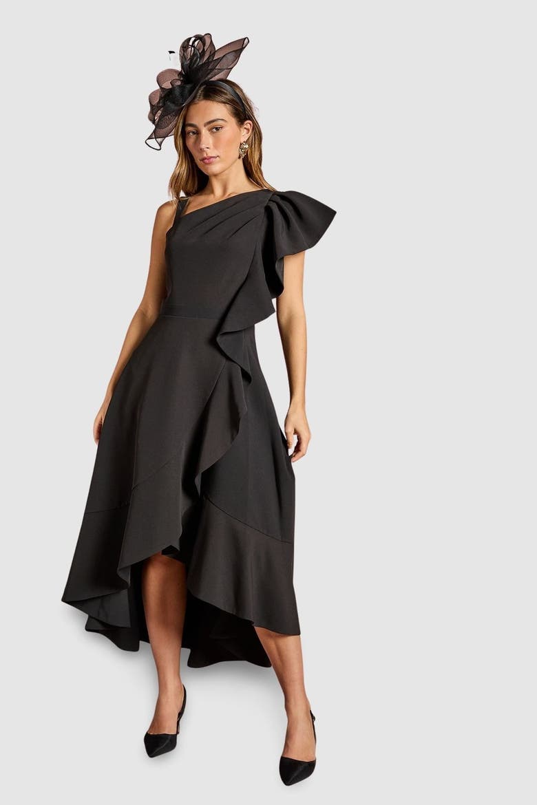 One Shoulder Crepe Ruffle Midi Dress, Main, color, Black