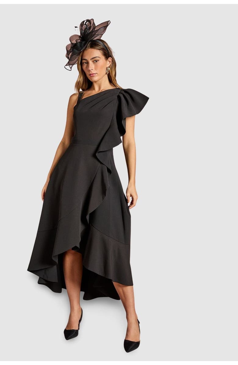 Coast One Shoulder Crepe Ruffle Midi Dress, Main, color, Black