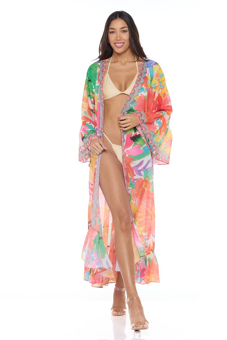 Floral Print Ruffle Sleeve Duster, Alternate, color, ORANGE