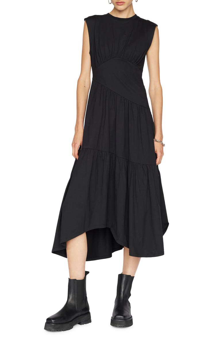 FRAME Gathered Seam Organic Cotton A-Line Midi Dress, Main, color, Noir