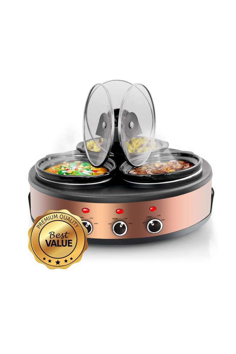 Round Slow Cooker and Buffet Server with 3 Ceramic Cooking Pots, Alternate, color, Black