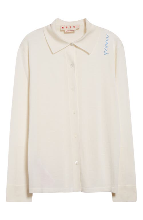 Marni Logo Embroidered Virgin Wool & Silk Button-up Shirt In Lily/white