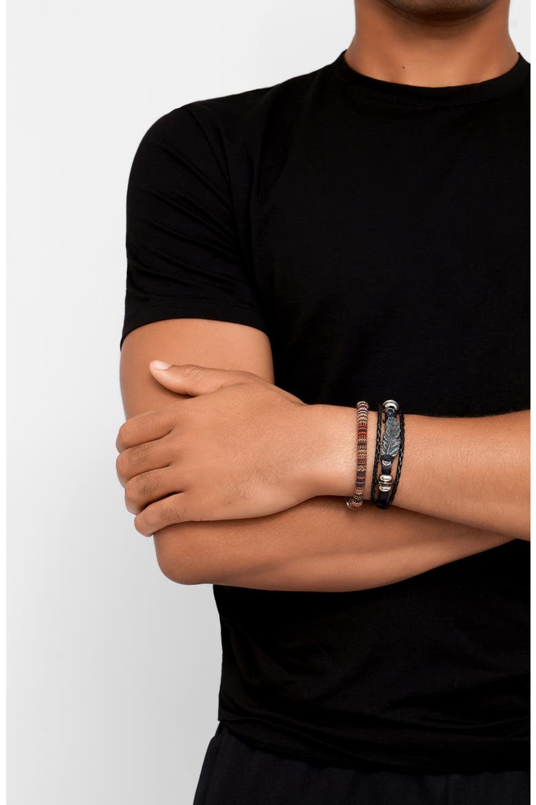 Men's Set of 2 Black Leather & Woven Slider Bracelets, Alternate, color, BLACK