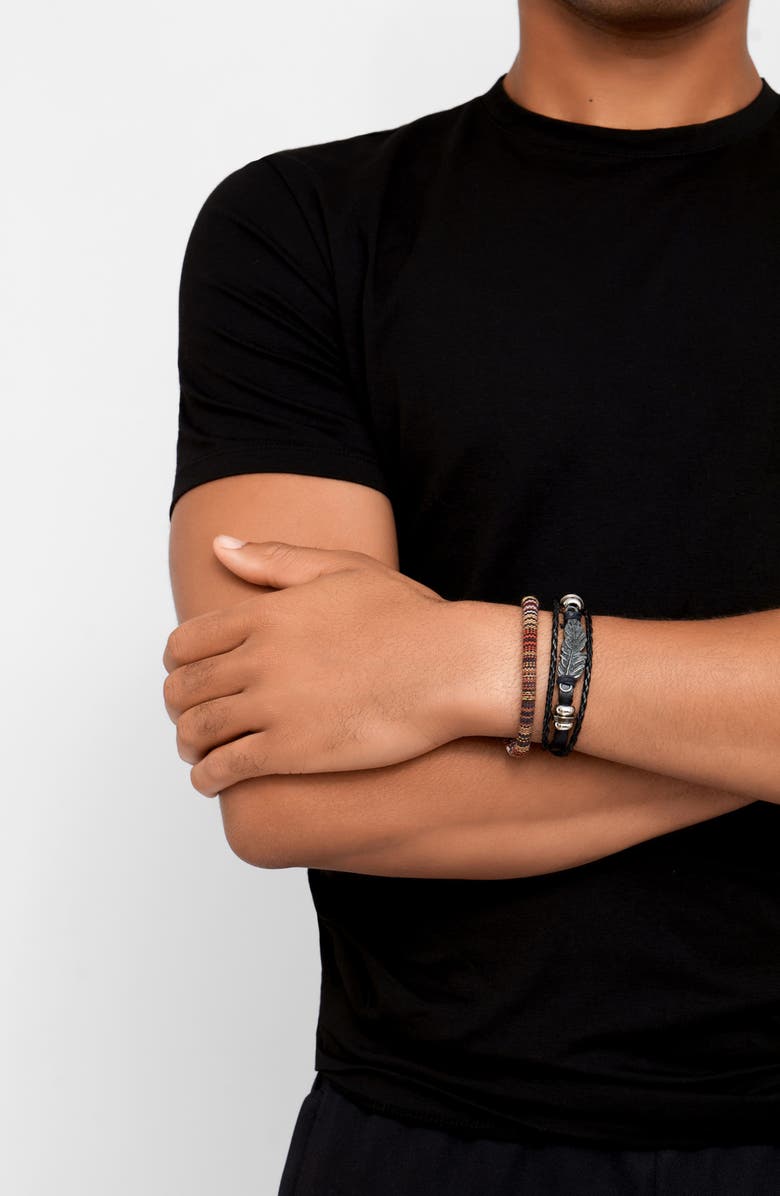 Adornia Men's Set of 2 Black Leather & Woven Slider Bracelets, Alternate, color, Black