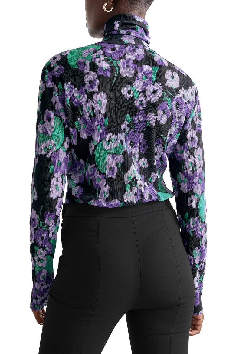 Aina Floral Plissé Turtleneck, Alternate, color, PURPLE FLOWER AOP