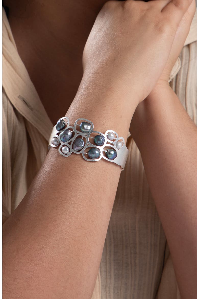 Faux Pearled Cut Out Waved Cuff Bracelet, Alternate, color, SILVER